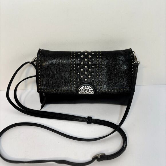 Brighton Handbags - Brighton Crossbody Bag Black Leather Studded Silver Hardware Womens